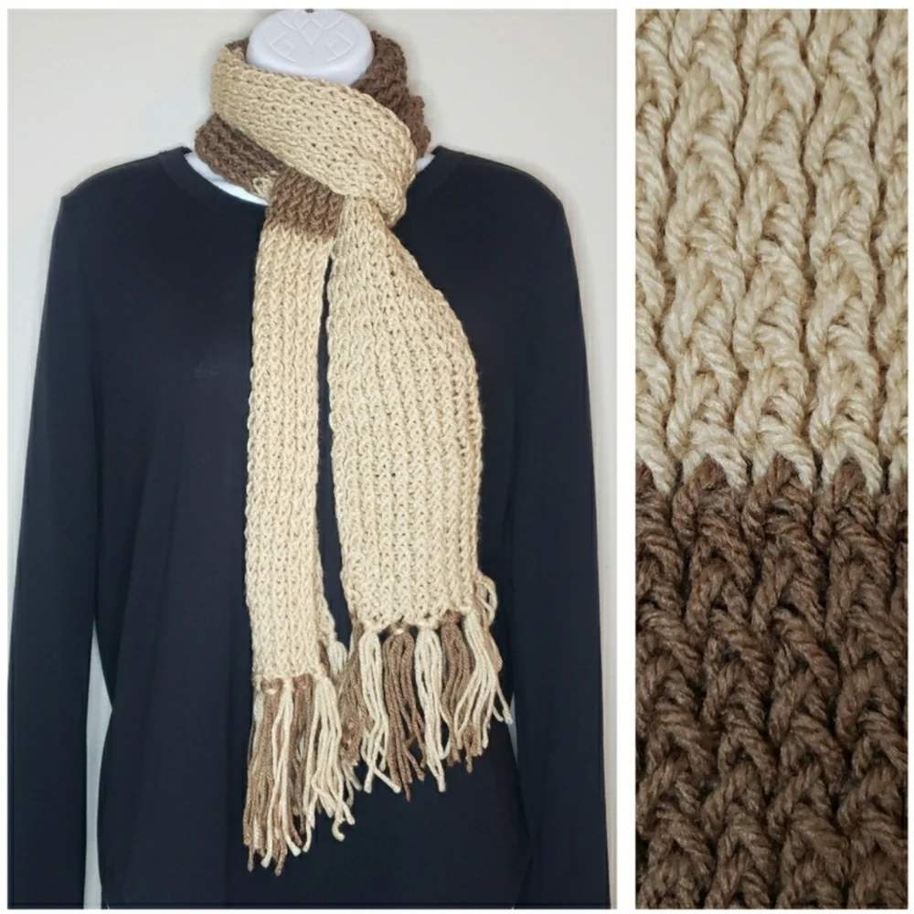 Brown & Ivory Handcrafted Crochet Scarf with Fringe Edges